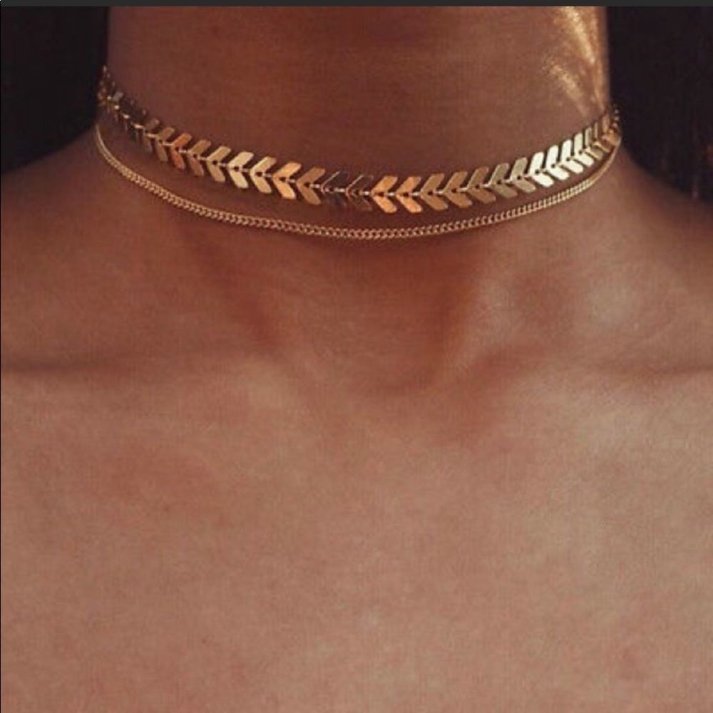 Boho chevron layered choker silver color necklace